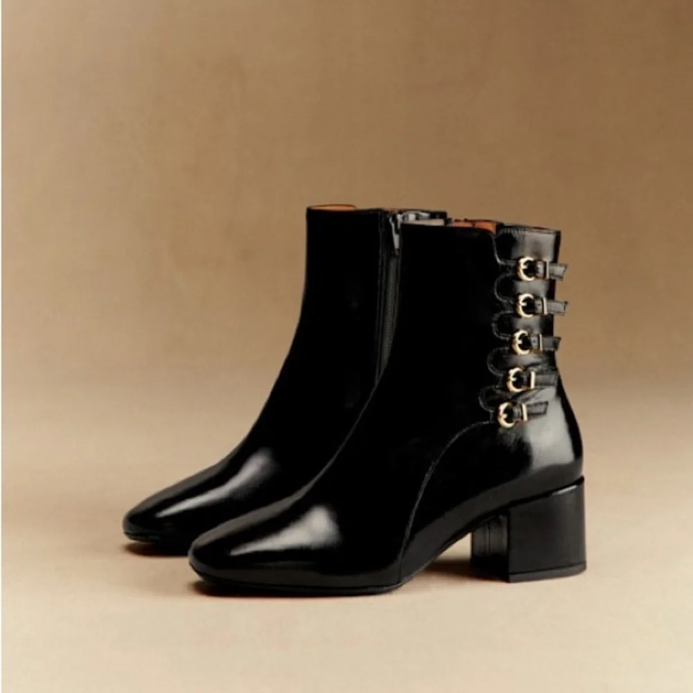 Sézane Leonie Mid Boots in Patent Black FR 38 / US 7